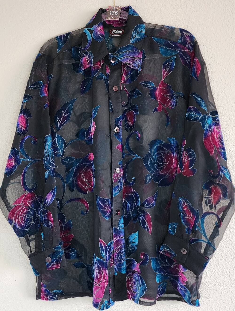 Vintage Elee Menswear Floral Sheer Button Up Top.